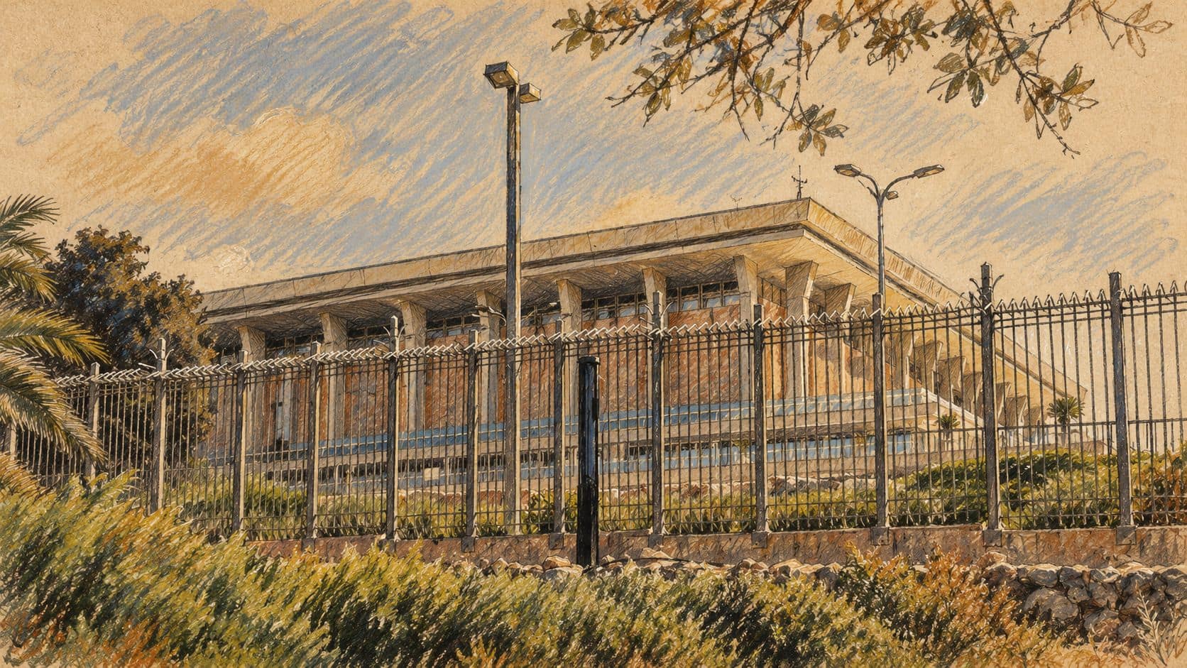 Courtroom-sketch editorial illustration of the Knesset exterior behind a fence, used as archival parliamentary context for Minister May Golan's investigation