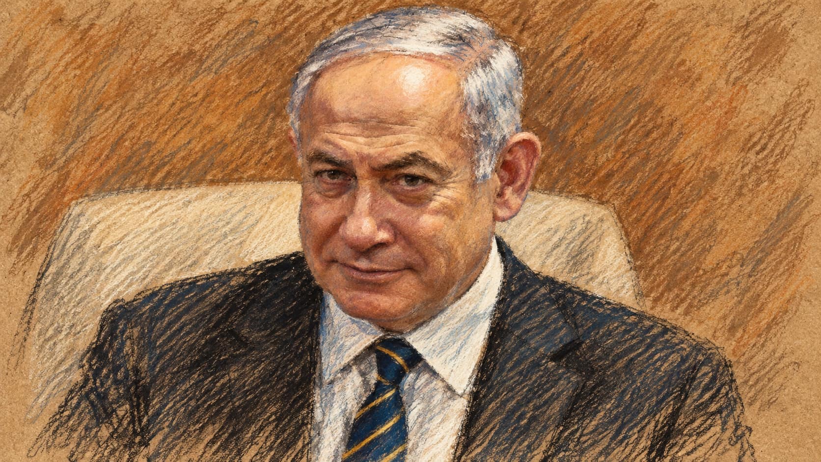 Courtroom-sketch editorial illustration of Benjamin Netanyahu seated in a chair, based on an archival portrait.