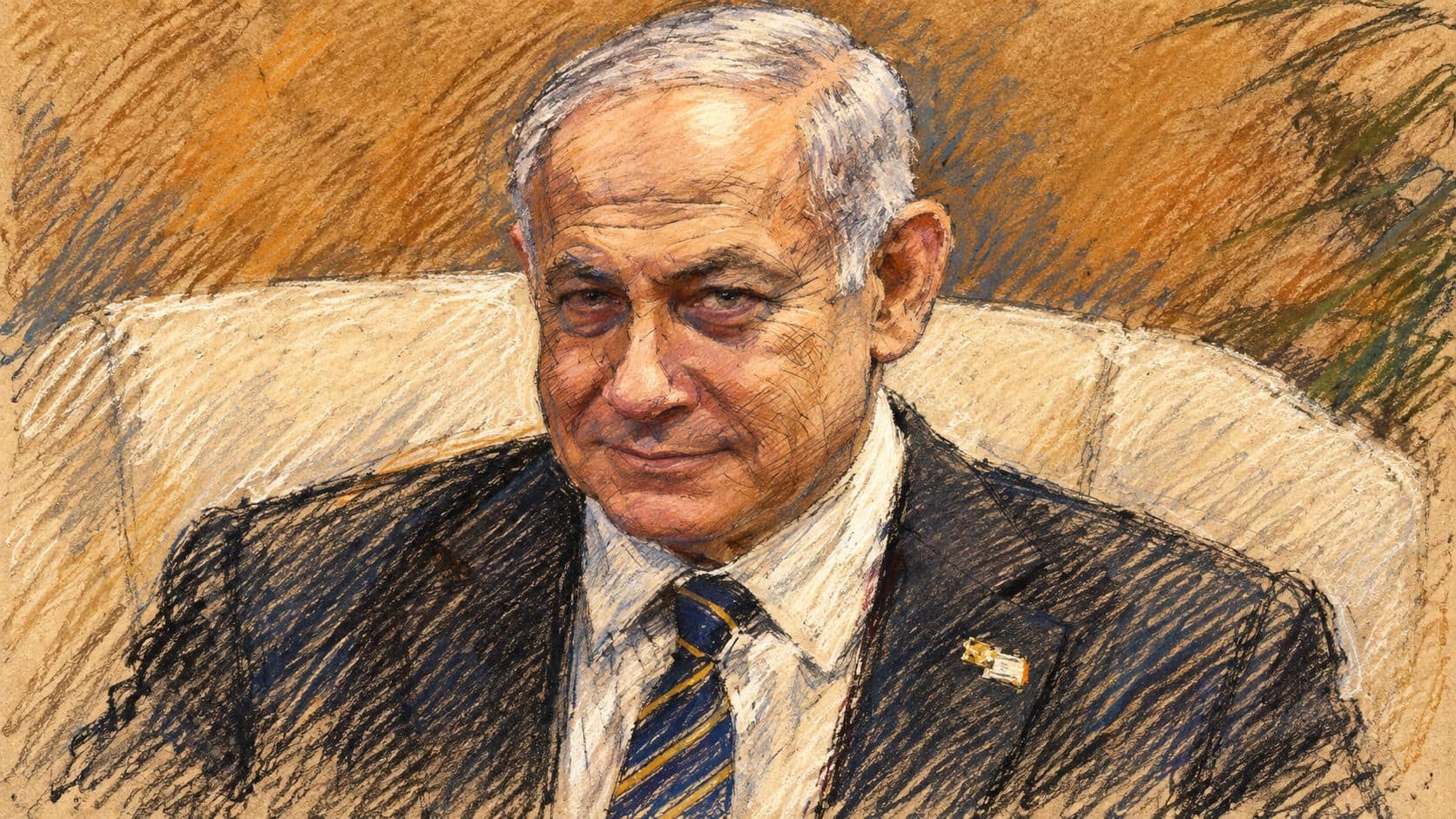 Courtroom-sketch editorial illustration of Benjamin Netanyahu seated in a cream chair in an archival portrait, used as context for his appeal to soldiers.