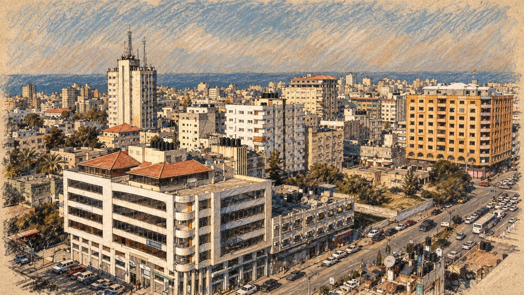 Courtroom-sketch editorial illustration of an archival 2007 Gaza City panorama, showing office and apartment buildings beside a broad street with the Mediterranean on the horizon; geographic context only, not the reported strike.