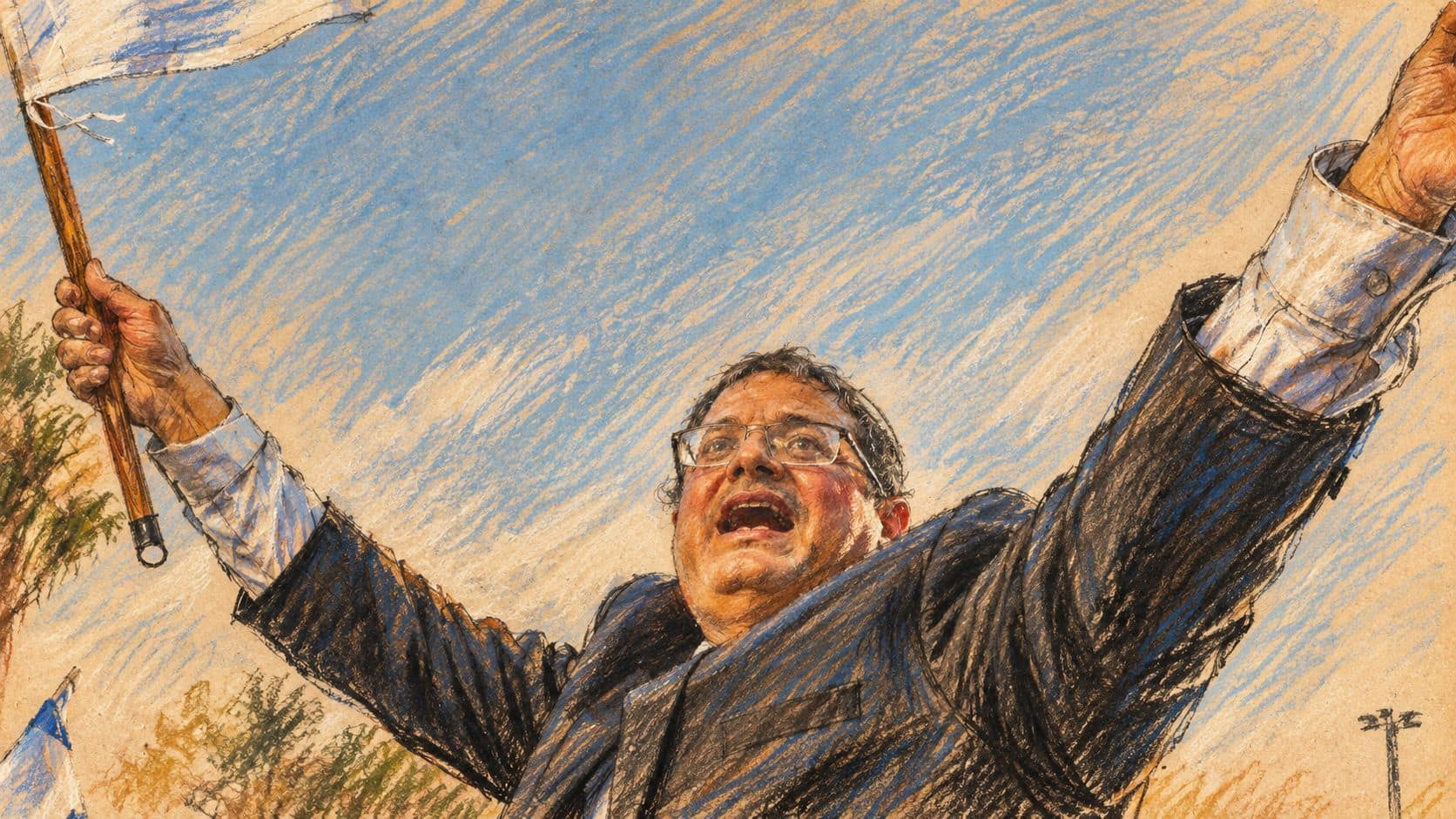 Courtroom-sketch editorial illustration of an archival June 2021 portrait of Itamar Ben Gvir outdoors with both arms raised, used as context for Rabbi Boaz Yurkovich's personal endorsement