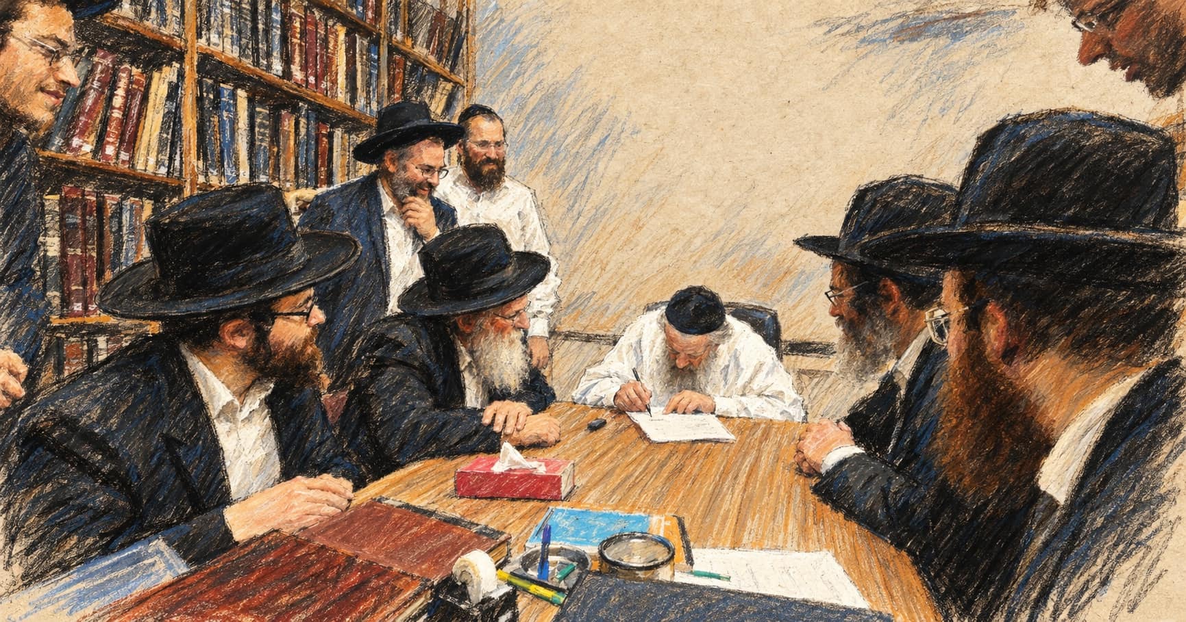 Courtroom-sketch editorial illustration of Rabbi Dov Landau writing at a table surrounded by Orthodox Jewish visitors, based on an archival June 2024 meeting as context for his education-support pledge
