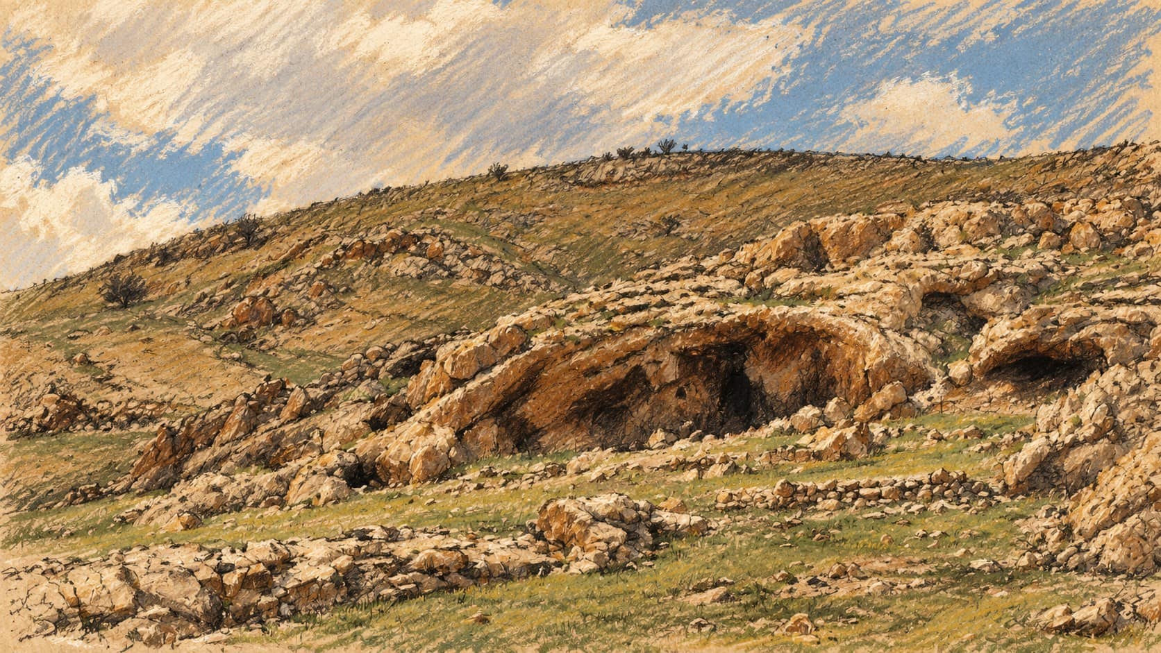 Courtroom-sketch editorial illustration of an archival, unoccupied rocky West Bank hillside and natural caves; contextual landscape, not an alleged incident