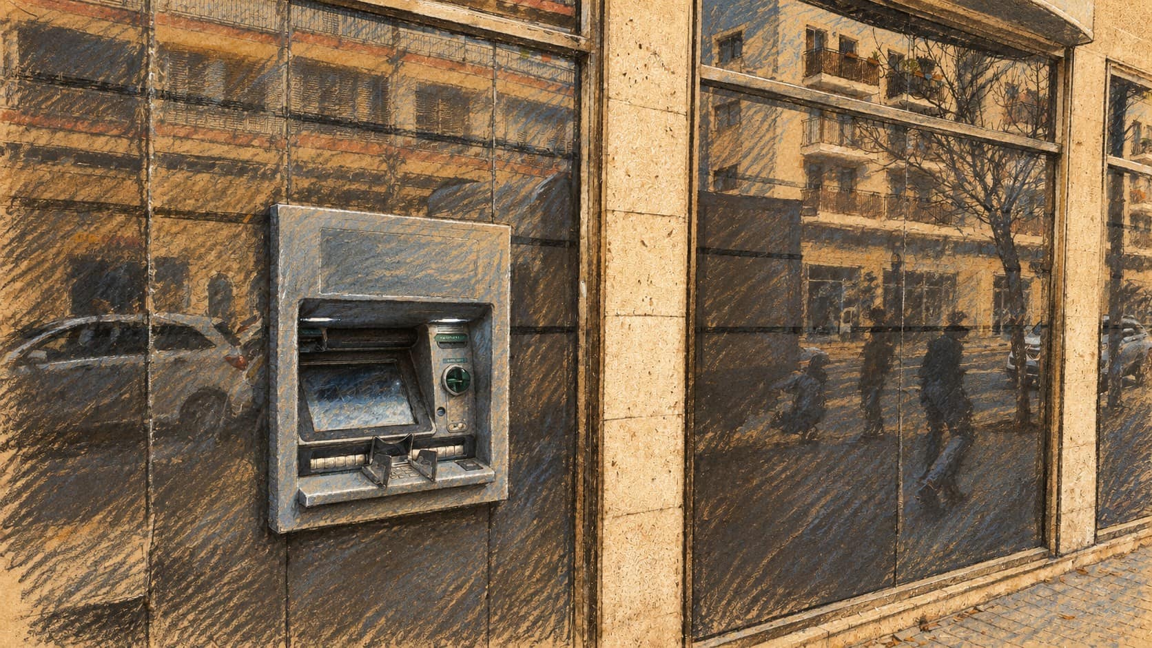 Courtroom-sketch editorial illustration of an ATM and bank storefront in an archival 2017 Jaffa street view, providing context for Israeli financial regulation.