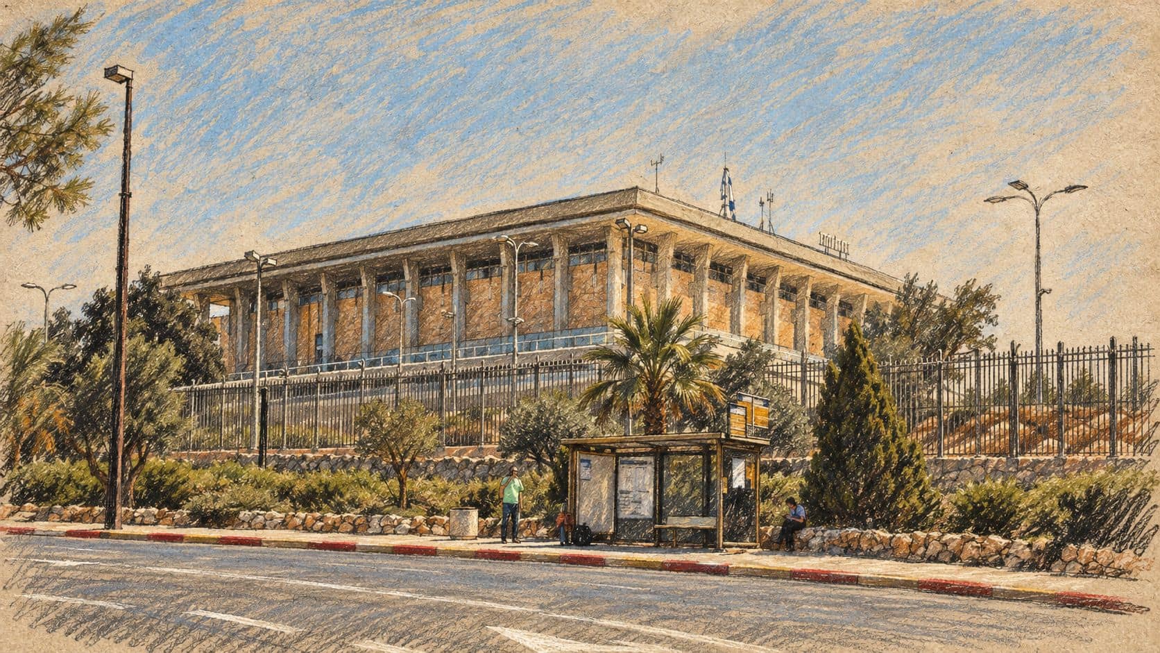 Courtroom-sketch editorial illustration of an archival Knesset building exterior with its perimeter fence, bus shelter and road, providing parliamentary context for the reported election talks.