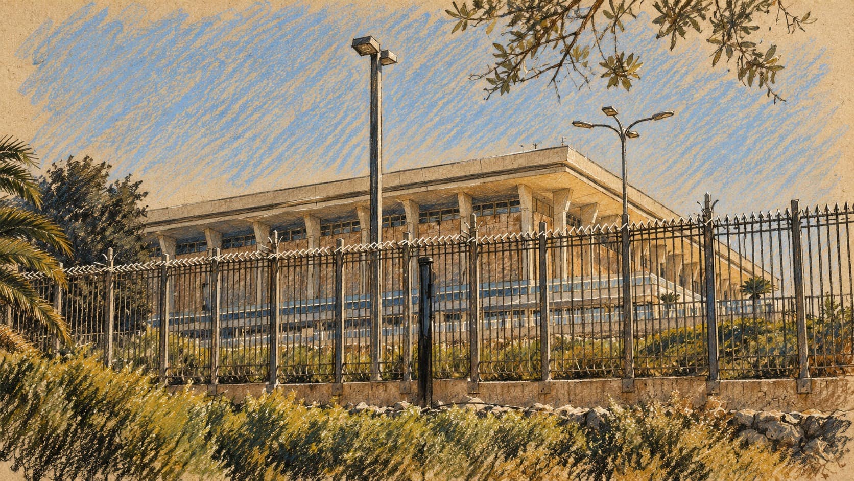Courtroom-sketch editorial illustration of an archival exterior view of the Knesset building behind a metal fence, landscaped shrubs and lamp posts, providing context for Israeli political debate.