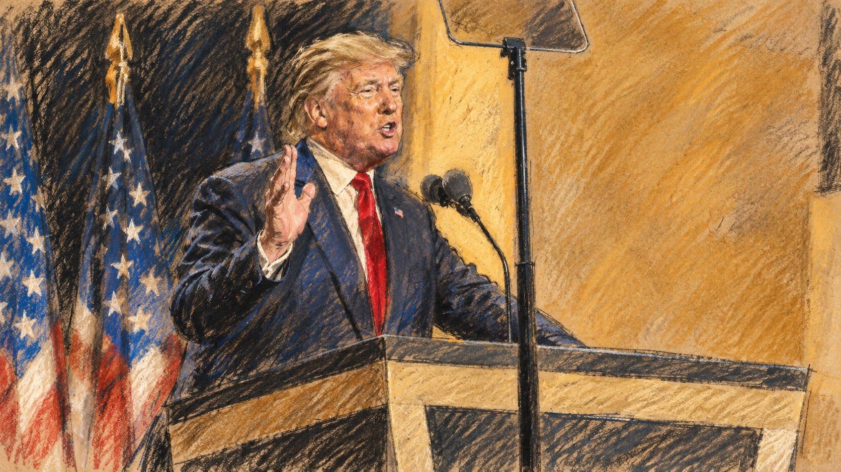 Courtroom-sketch editorial illustration of Donald Trump speaking at a lectern with his right hand raised, based on an archival July 2016 convention photograph and used as contextual portraiture.
