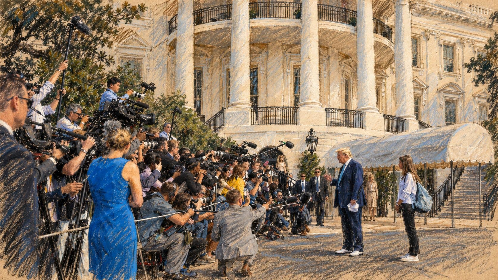 Courtroom-sketch editorial illustration of an archival September 2025 scene of Donald Trump speaking to reporters outside the White House.