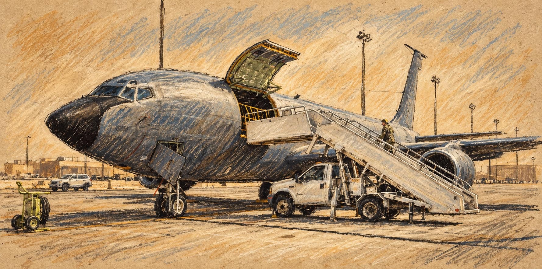 Courtroom-sketch editorial illustration of an archival March 2022 KC-135 tanker parked at Al Udeid Air Base in Qatar with its cargo door open and mobile boarding stairs alongside.