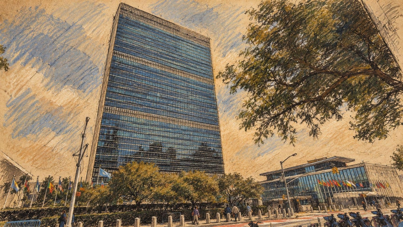 Courtroom-sketch editorial illustration of the United Nations Secretariat tower, lower headquarters buildings and national flags in New York, based on an archival 2023 view for context.