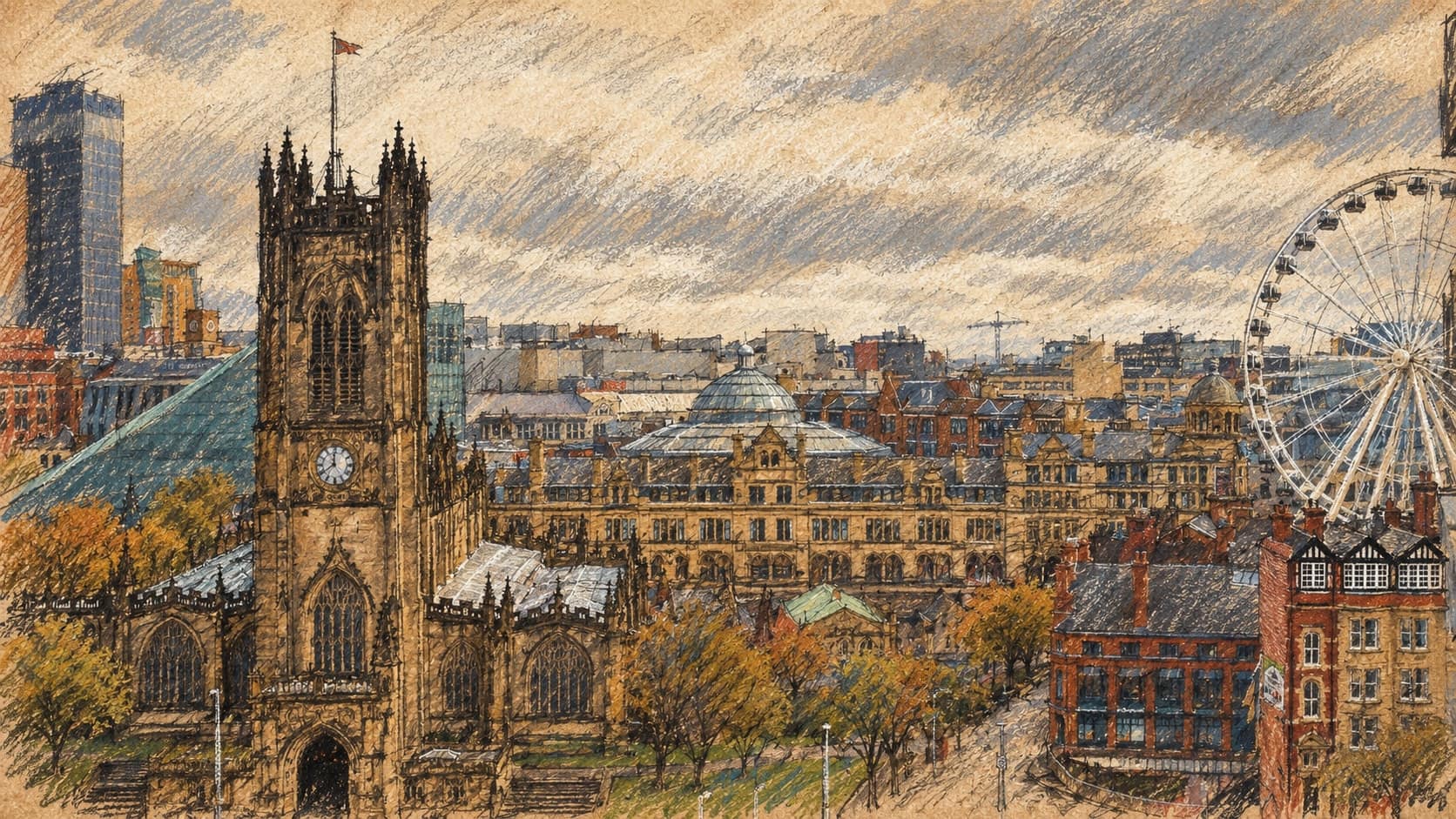 Courtroom-sketch editorial illustration of an archival elevated view of Manchester, with the historic cathedral tower at left, layered city buildings and an observation wheel at right, rendered in warm ochre and slate-blue pastel strokes. Contextual northern England city imagery based on a 2008 photograph, not a depiction of the October 2026 mayors’ meeting or any newly approved investment.