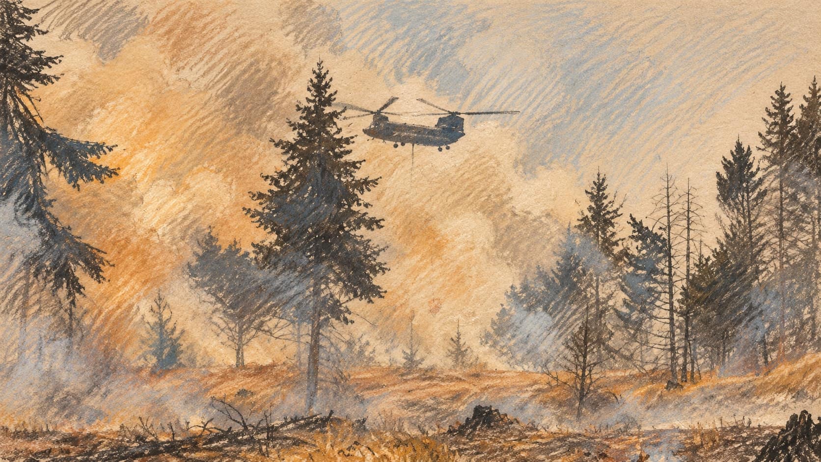 Courtroom-sketch editorial illustration of an archival August 2014 CH-47 Chinook helicopter flying through smoke above evergreen trees and scorched ground at Joint Base Lewis-McChord in Washington state, rendered in warm ochre and slate-blue pastel strokes; contextual wildfire-response imagery, not a depiction of the UK announcement or a British operation.