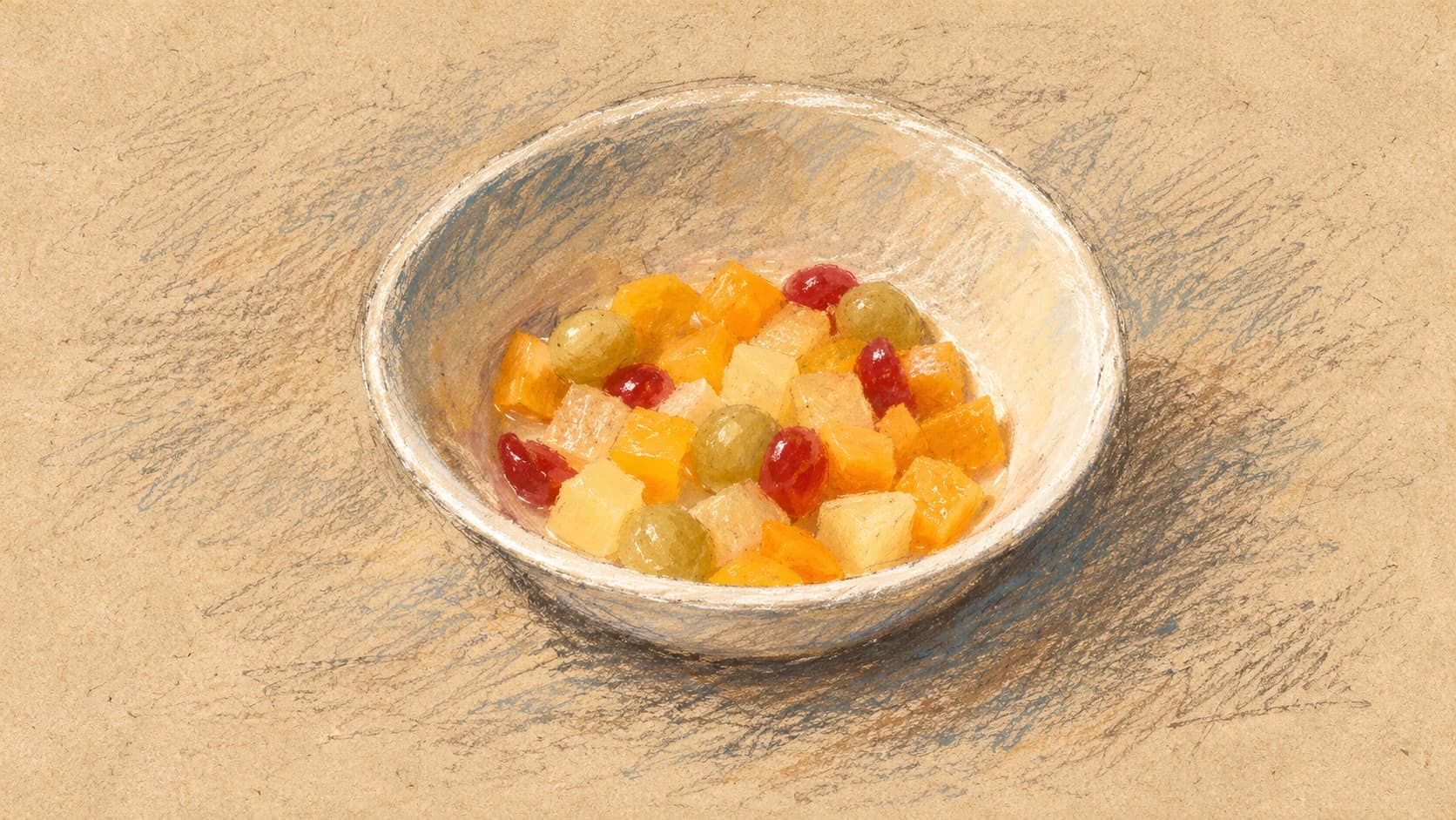 Courtroom-sketch editorial illustration of a plain bowl of canned mixed fruit, shown as a contextual example rather than the recalled product