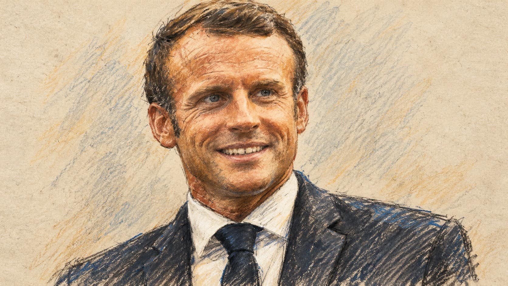 Courtroom-sketch editorial illustration of Emmanuel Macron, based on an archival 2019 portrait and shown as context for his Iran nuclear policy