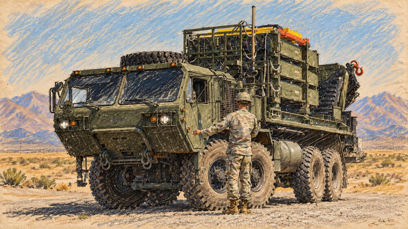 Courtroom-sketch editorial illustration of Iron Dome equipment on a U.S. Army transport truck at White Sands Missile Range in 2021, providing archival missile-defense context for Araghchi’s statement.