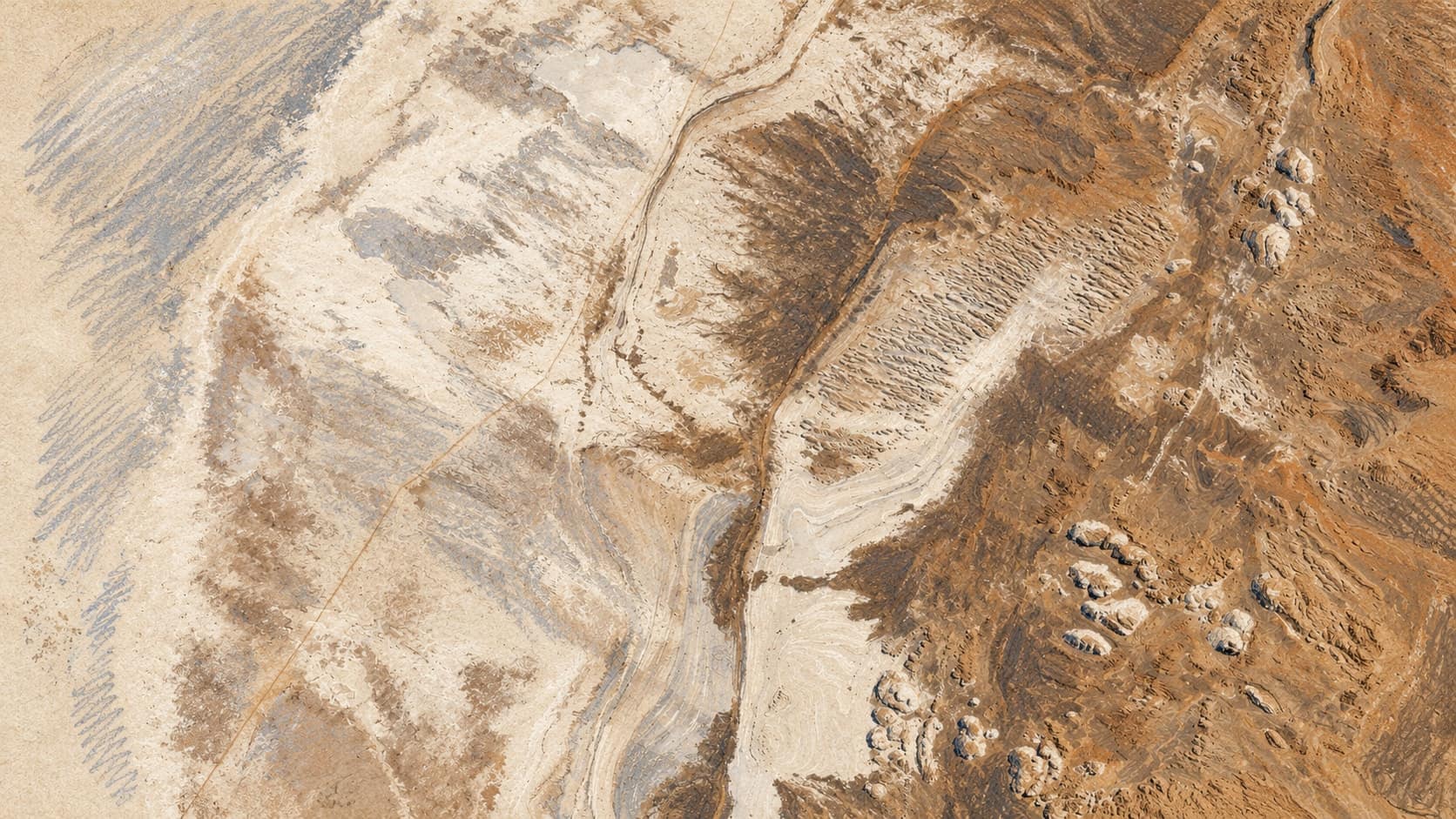 Courtroom-sketch editorial illustration of an archival April 2013 NASA satellite view of the Salar de Arizaro salt flats in Salta, with pale salt crust, old shoreline bands and eroded desert hills, rendered in warm ochre and slate-blue pastel strokes; regional context, not a depiction of the Taca Taca project, construction or the October 2026 meeting.