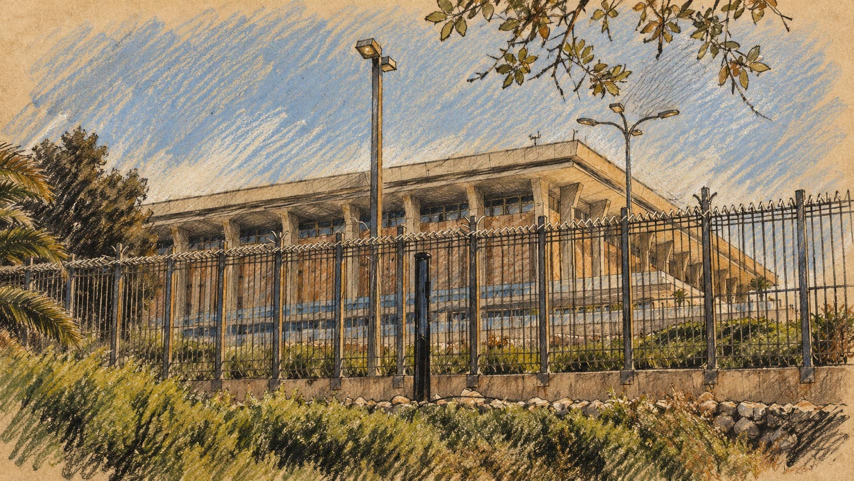 Courtroom-sketch editorial illustration of the Knesset building exterior behind a fence and greenery, based on an archival 2018 photograph and shown as parliamentary context for Yaakov Asher’s scheduled interview