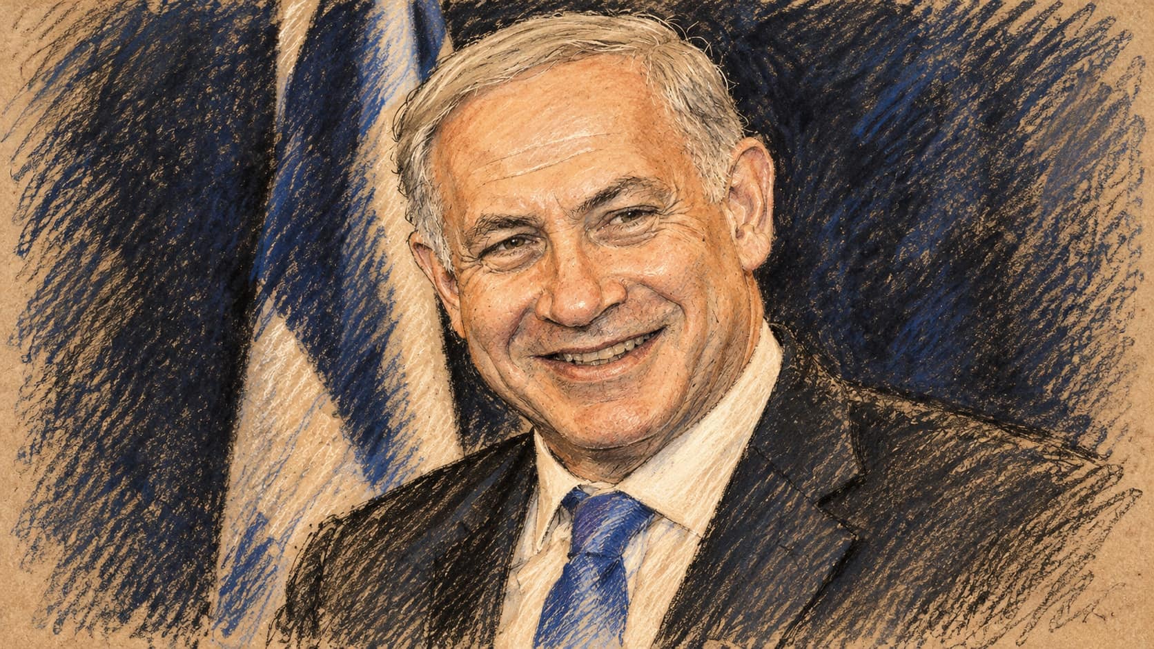 Courtroom-sketch editorial illustration of Benjamin Netanyahu in an archival 2012 portrait, wearing a dark suit and blue tie before a partial flag; contextual artwork rather than a depiction of the current election warning.
