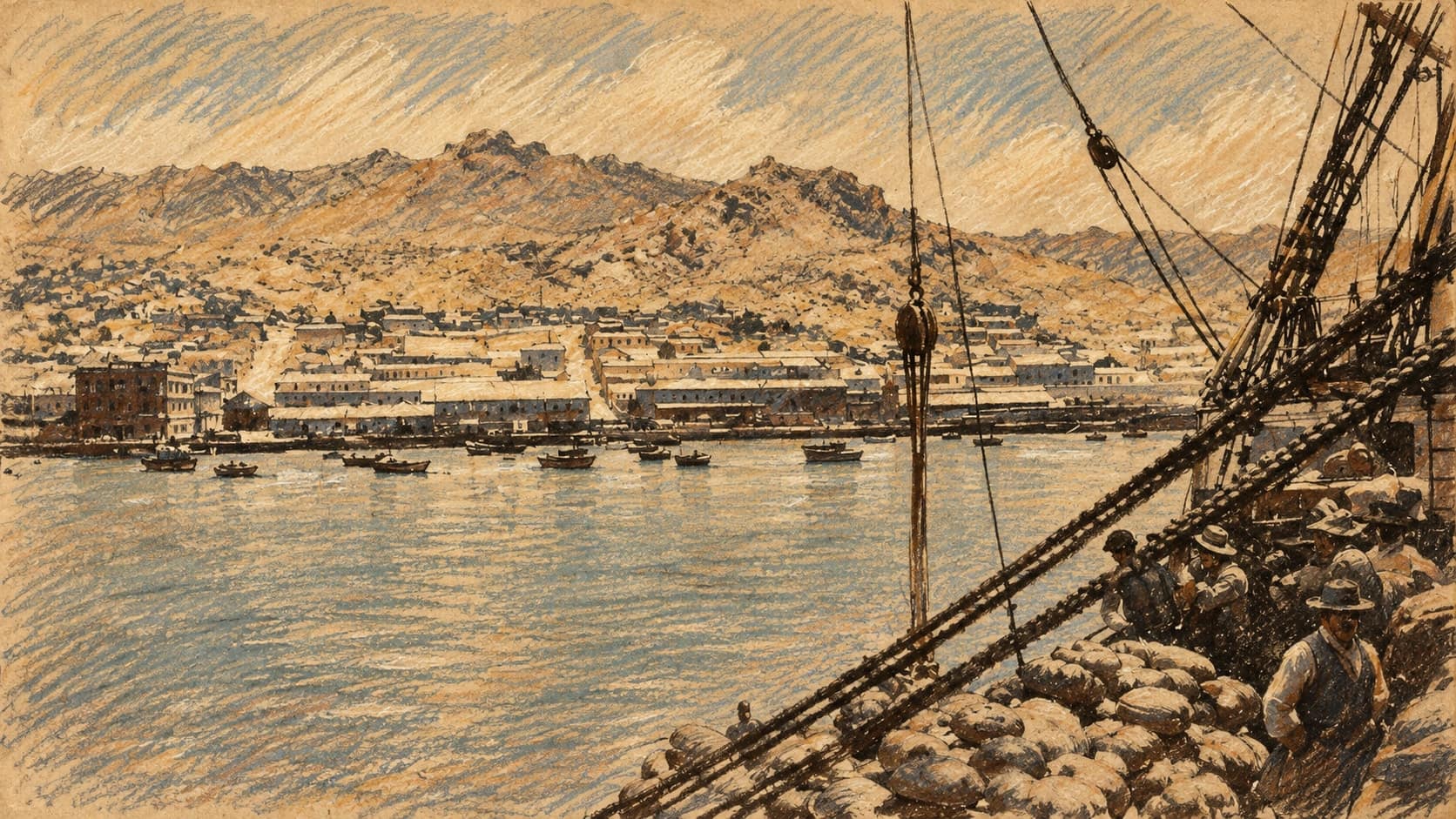 Courtroom-sketch editorial illustration of an archival 1912 view of Coquimbo harbor, waterfront buildings and dry hills, with ship rigging and sacks in the foreground, rendered in warm ochre and slate-blue pastel strokes; geographic context for Coquimbo Region, not the 2026 earthquake or its effects.