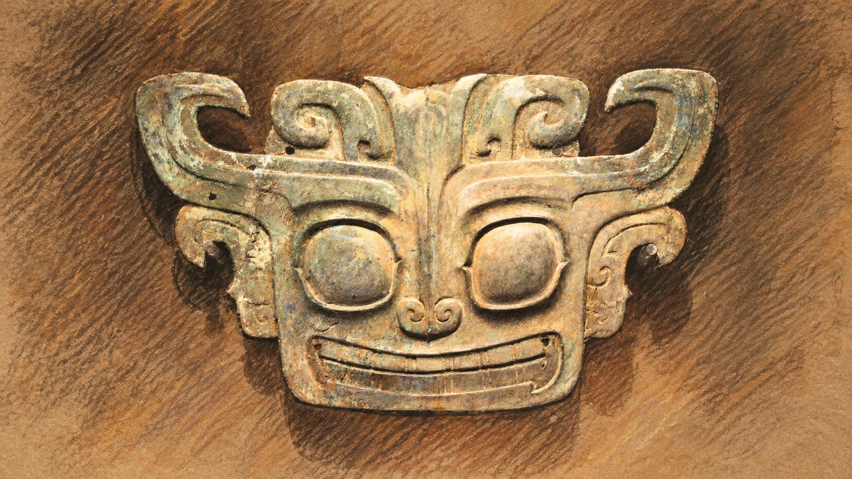 Courtroom-sketch editorial illustration of an ancient Sanxingdui bronze animal mask displayed against a plain museum wall, rendered in warm ochre and slate-blue pastel strokes; archival artifact context from a 2010 museum photograph, not a film still or a depiction of the premiere.