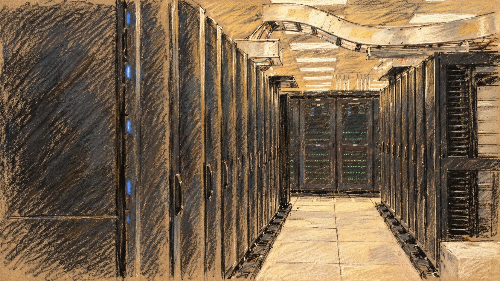Courtroom-sketch editorial illustration of an empty aisle between server racks, based on an archival NERSC photograph and shown as cloud-computing context