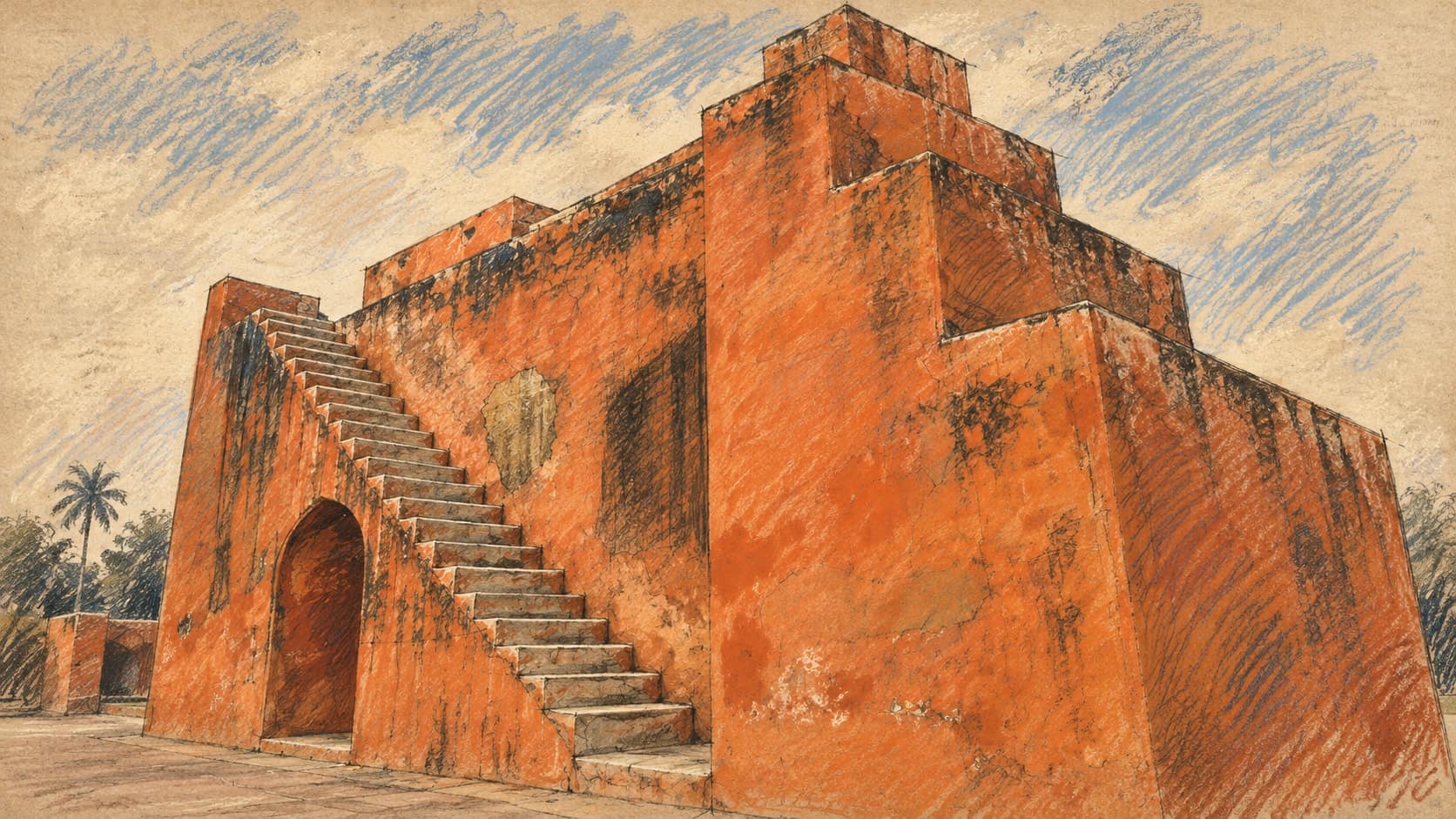 Courtroom-sketch editorial illustration of an archival August 2010 view of the red-orange Jantar Mantar astronomical structure in Delhi, with steep stone stairs and an arched opening; context for the protest site, not a depiction of Neha Bora, the October 2026 protest or the court hearing, rendered in warm ochre and slate-blue pastel strokes.