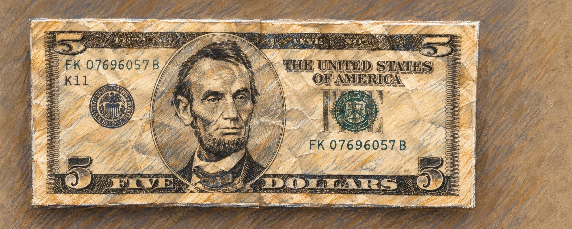Courtroom-sketch editorial illustration of a United States five-dollar banknote displayed horizontally