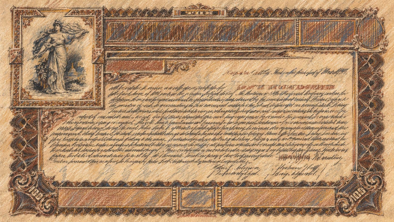 Courtroom-sketch editorial illustration of an archival paper share certificate, shown as financial context for a share consolidation