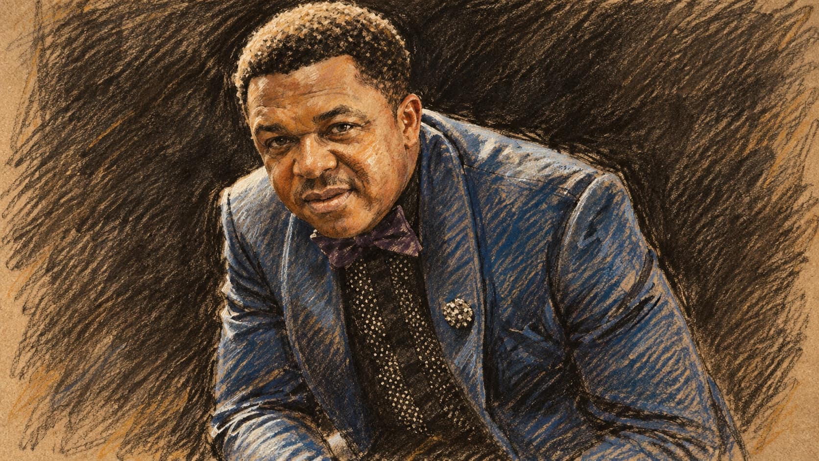 Courtroom-sketch editorial illustration of an archival portrait of actor Francis Duru leaning forward in a dark blue suit and bow tie against a plain dark background; contextual portrait from 2020, not a depiction of the death announcement, rendered in warm ochre and slate-blue pastel strokes.