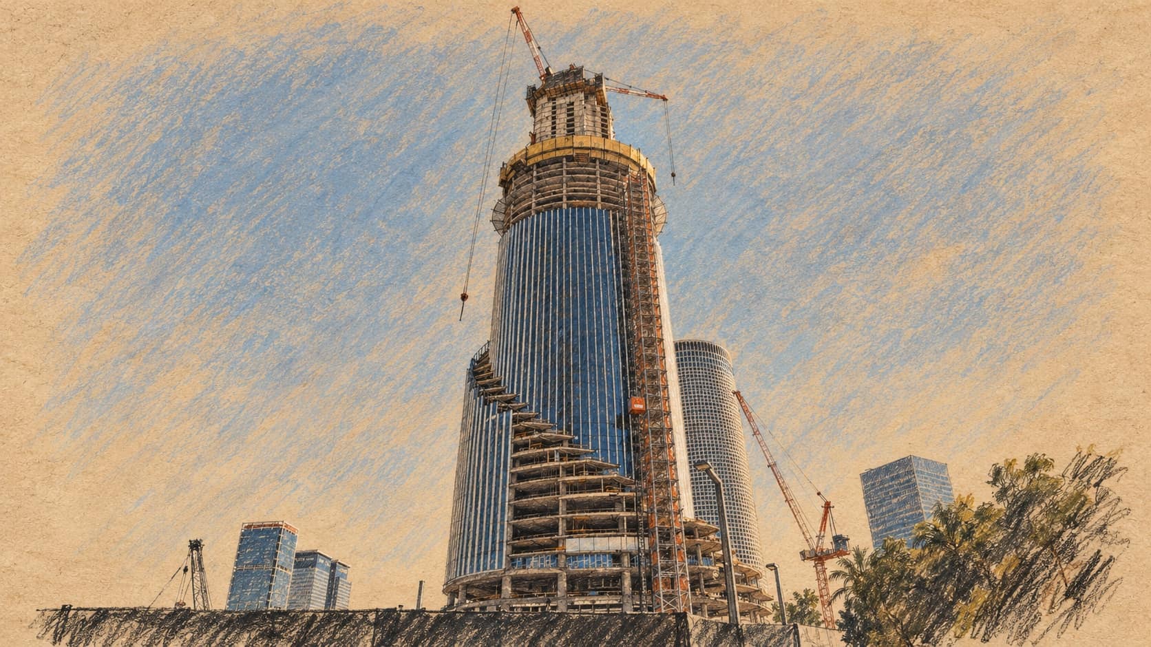 Courtroom-sketch editorial illustration of Azrieli Spiral Tower under construction in Tel Aviv, based on an archival April 2026 photograph used as city context for Israel's technology sector