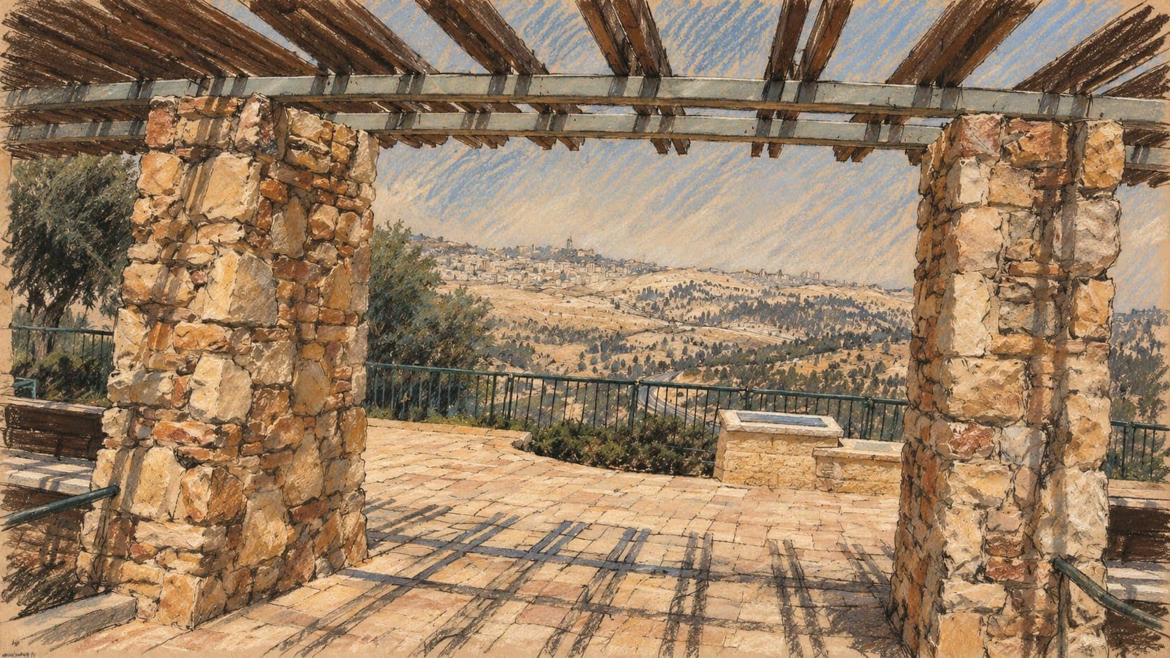 Courtroom-sketch editorial illustration of an archival view from Mizpe Edna in Maale Adumim toward Jerusalem, with stone terrace pillars and a wooden pergola, shown as regional context for the E1 housing tender dispute