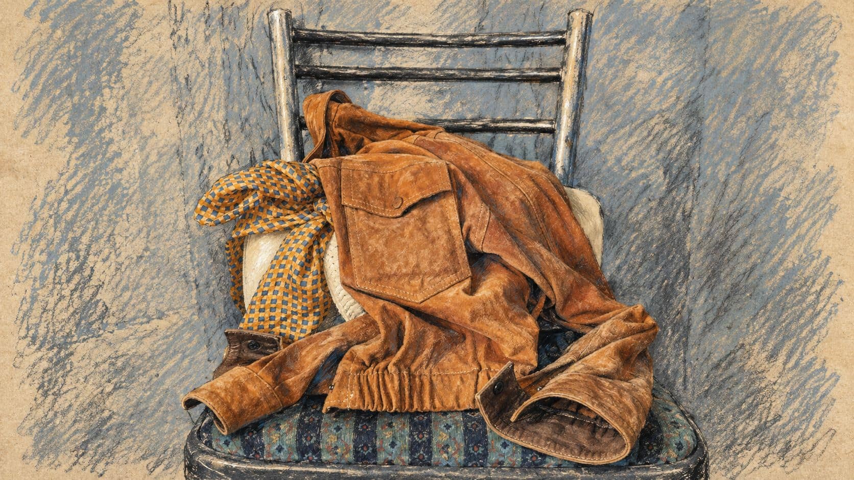 Courtroom-sketch editorial illustration of a suede jacket draped over a chair, based on an archival 2025 photograph; clothing context for Holon's winter coat collection, not a donation-site scene.