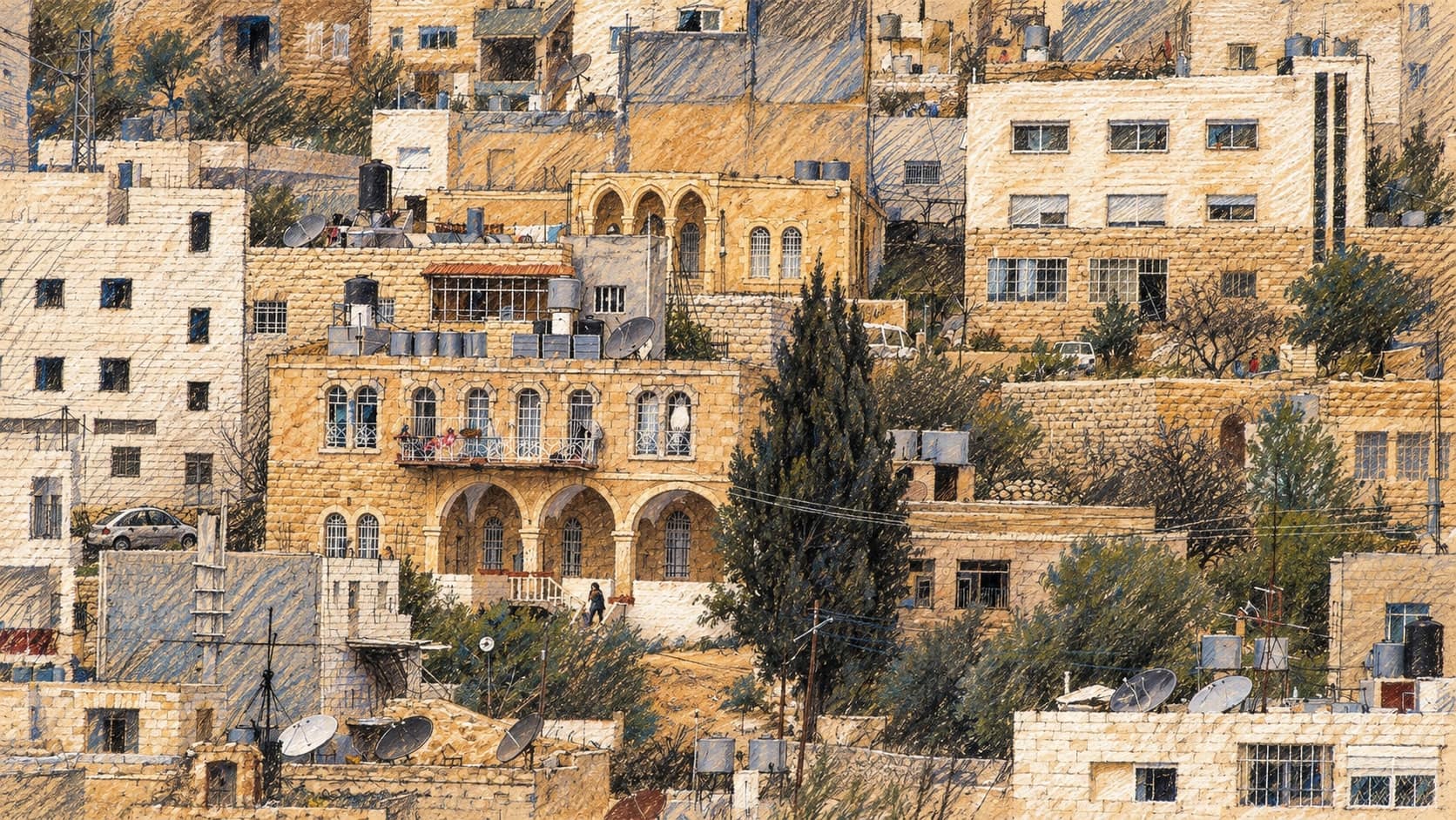 Courtroom-sketch editorial illustration of archival Hebron stone buildings in the Judea region, based on a 2007 photograph; contextual view, not the reported attack scene
