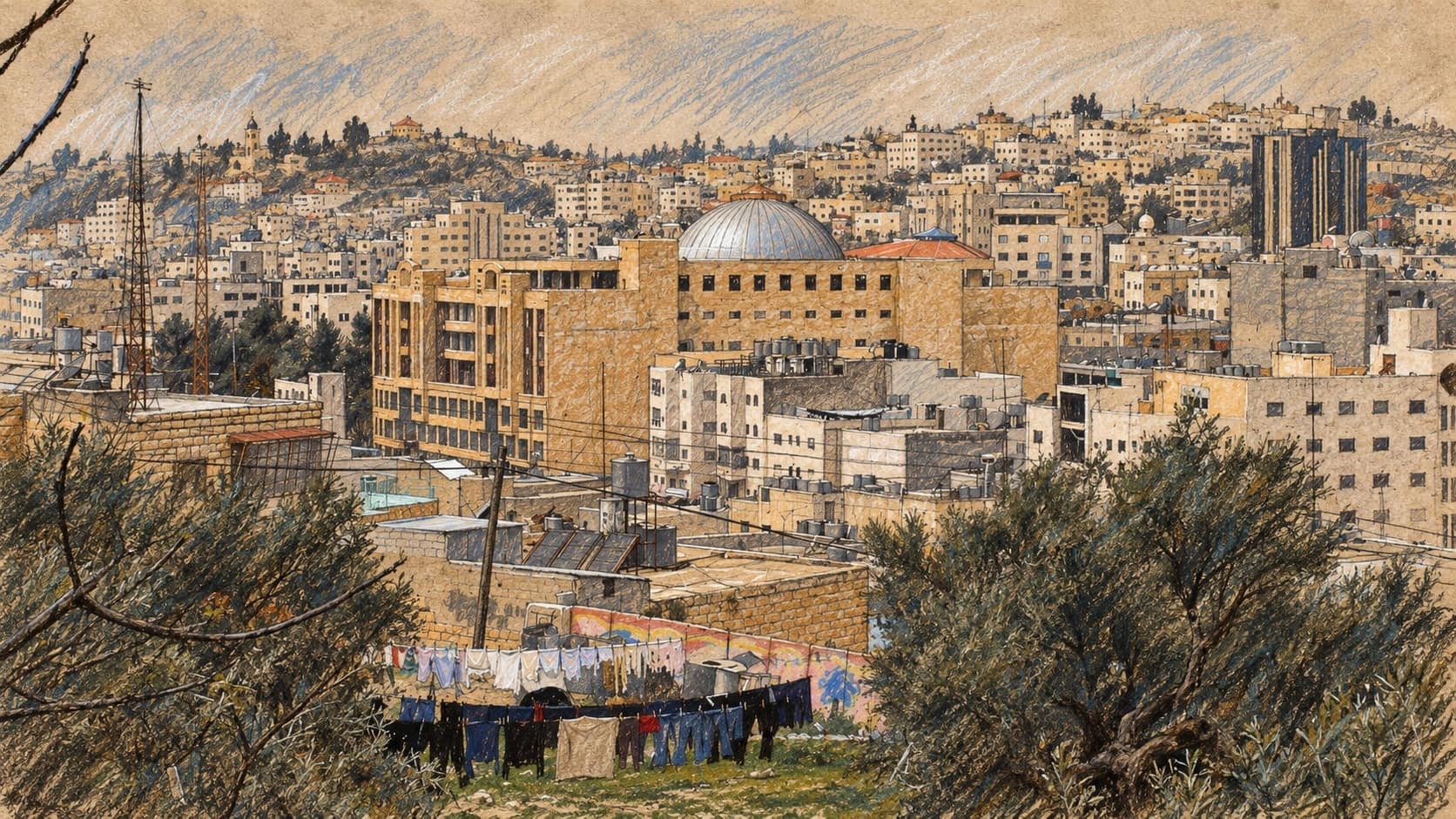 Courtroom-sketch editorial illustration of an archival 2007 Hebron cityscape with a domed building and hillside homes, providing regional context rather than depicting the Judea Junction attack
