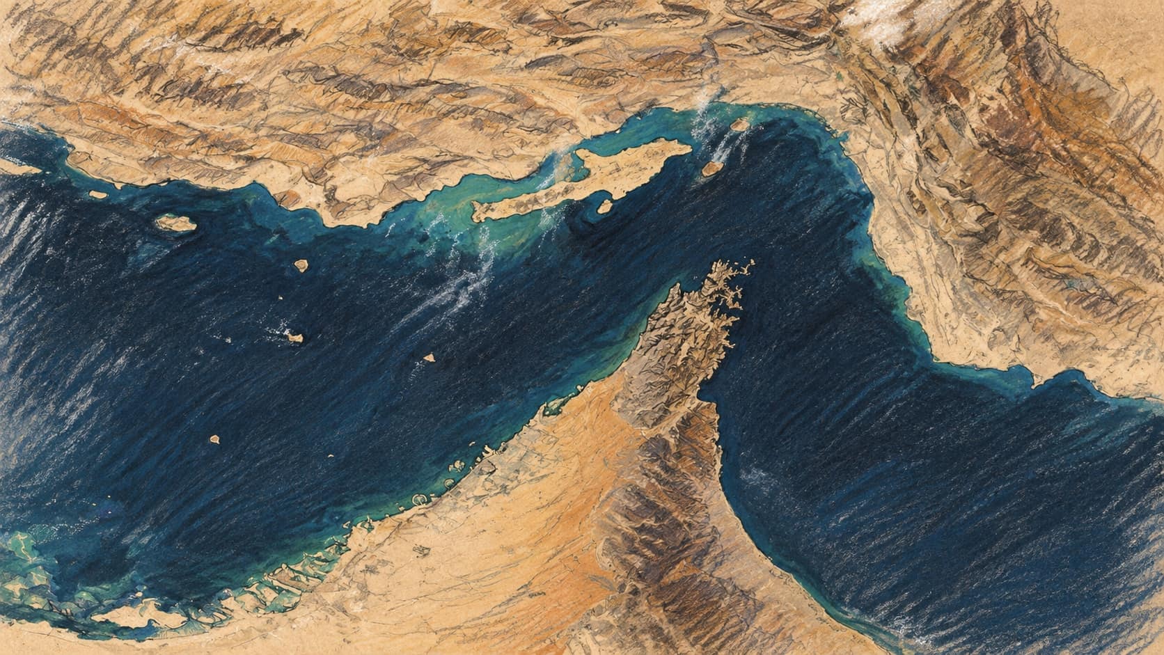 Courtroom-sketch editorial illustration of an archival satellite view of the Strait of Hormuz between Iran and the Musandam Peninsula, used as regional context for Gulf undersea communications cables rather than a depiction of an attack.