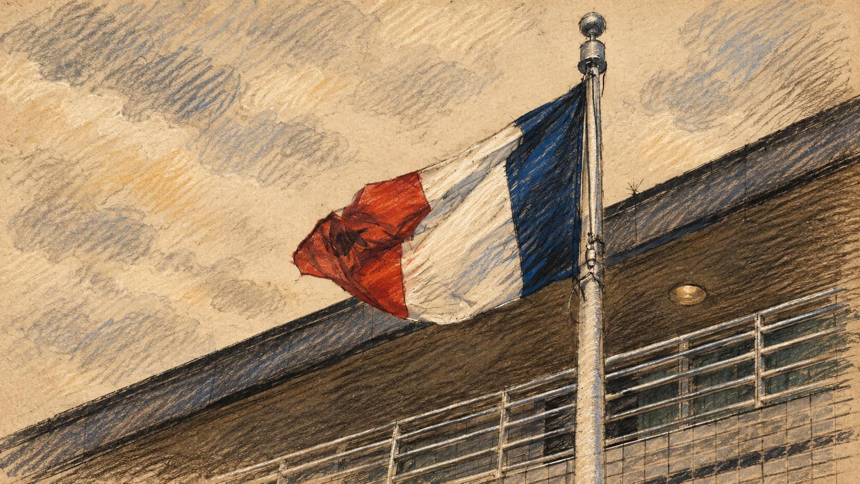 Courtroom-sketch editorial illustration of a French tricolor flag on a pole outside a modern building, used as contextual flag imagery for the France travel advisory