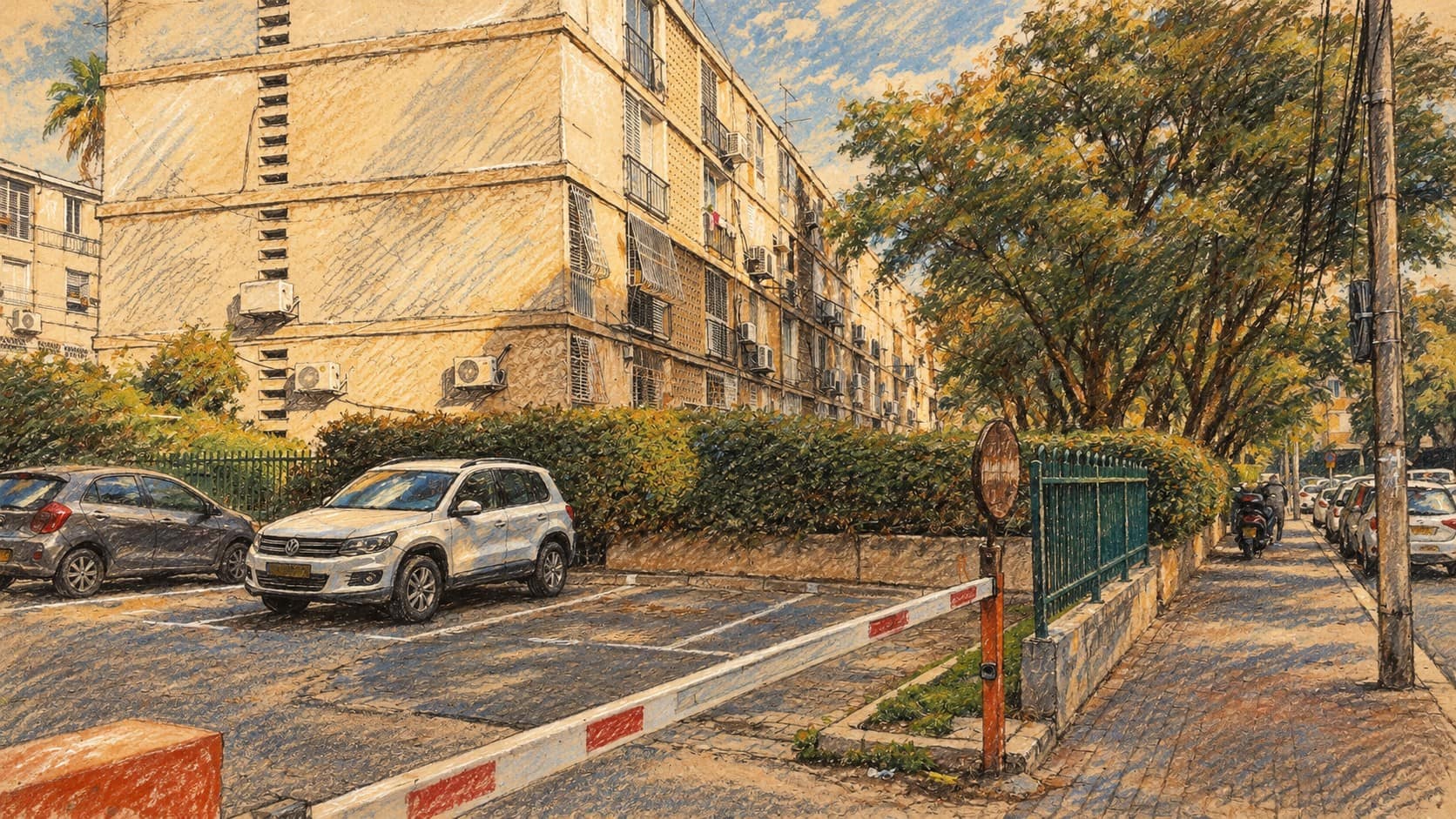 Courtroom-sketch editorial illustration of an apartment building, parked cars and a tree-lined sidewalk on Sarah Aharonson Street in Ramat Gan, based on an archival contextual photograph.
