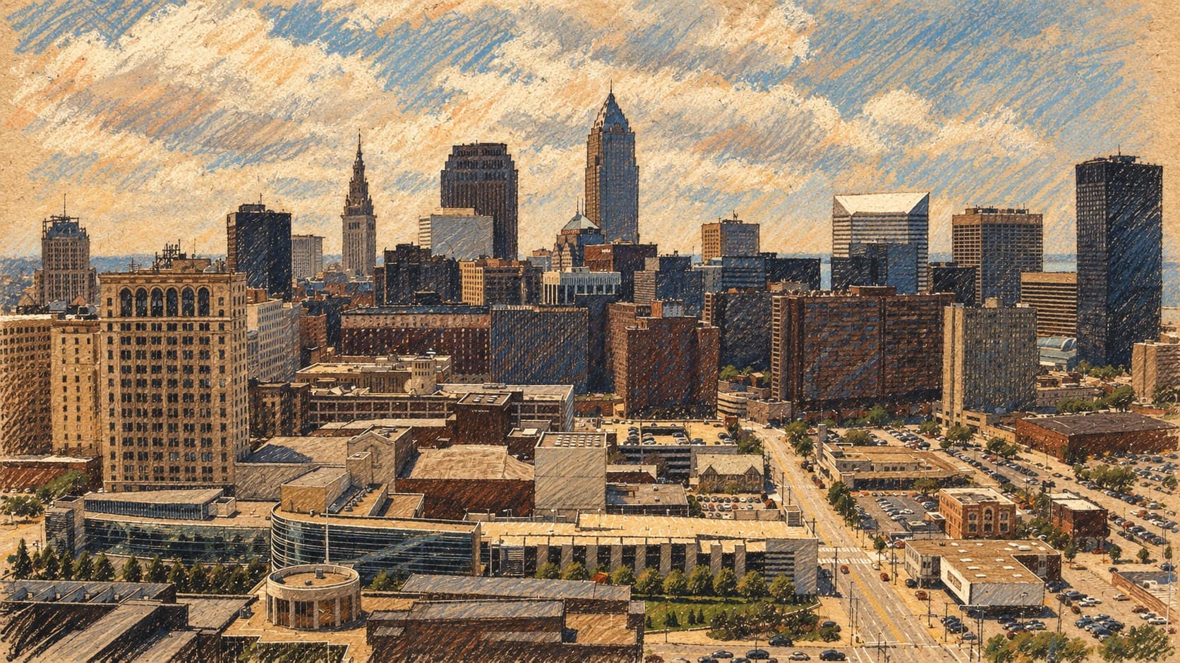 Courtroom-sketch editorial illustration of an archival Cleveland skyline viewed from Cleveland State University, used as city context for the consular visit