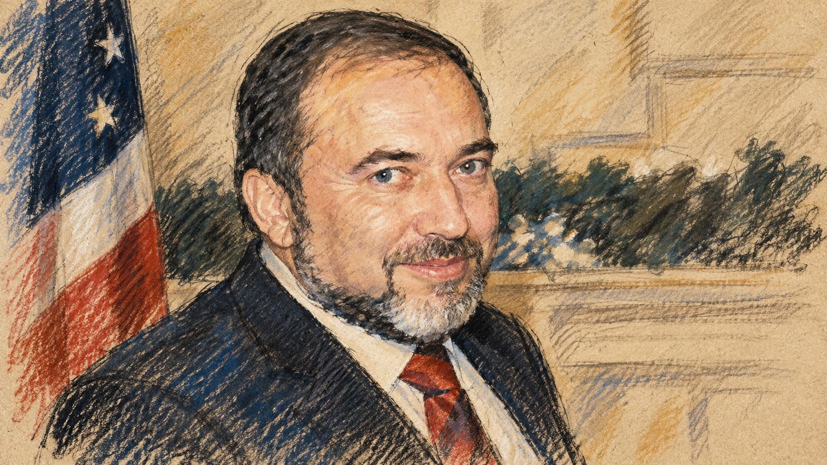 Courtroom-sketch editorial illustration of Avigdor Liberman in a dark suit and red tie with part of a United States flag behind him, based on an archival December 2006 portrait used as political context.