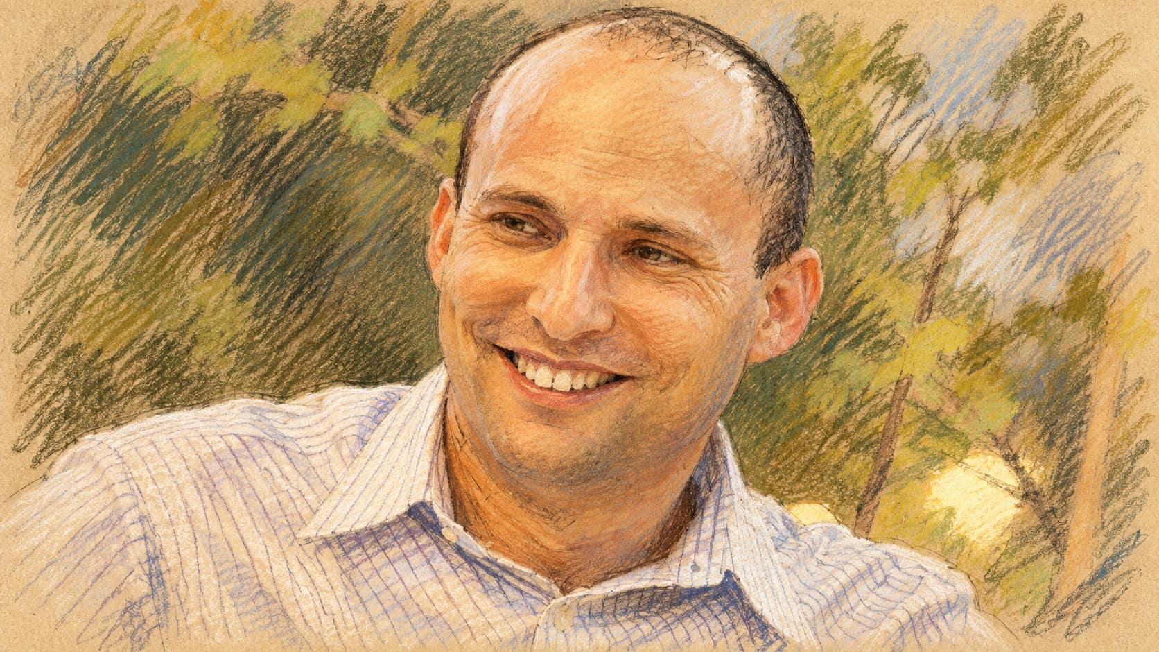 Courtroom-sketch editorial illustration of an archival portrait of Naftali Bennett smiling in a pale striped shirt against leafy greenery; contextual portrait of the politician endorsed by Limor Livnat.