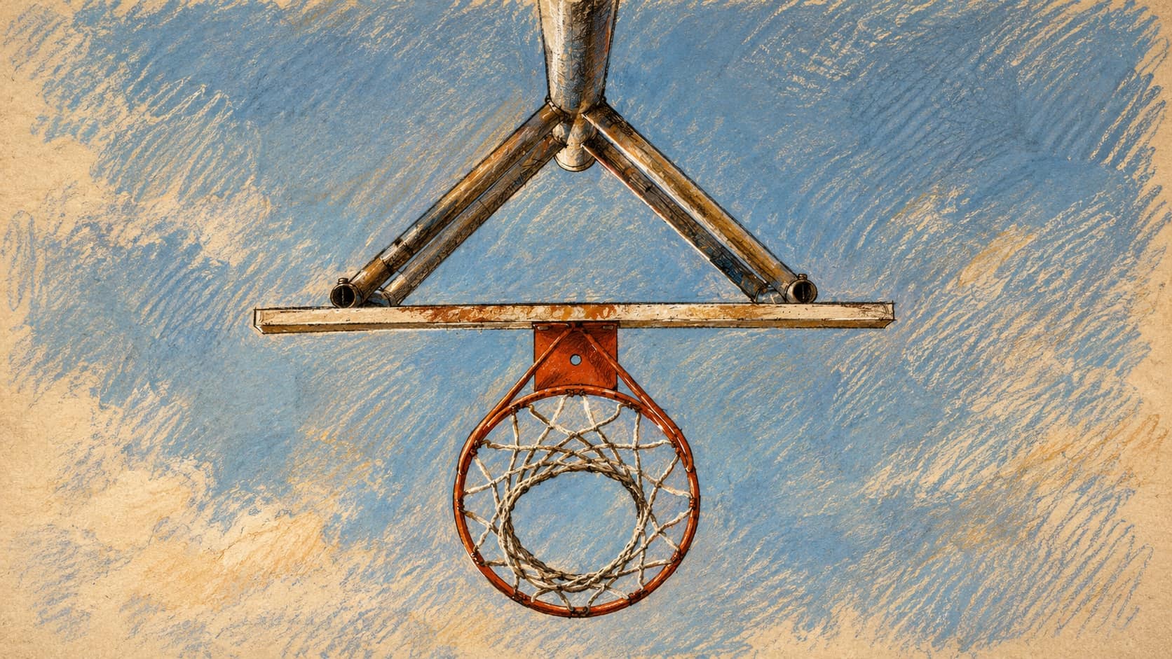 Courtroom-sketch editorial illustration of a basketball hoop and net seen from below against the sky, based on an archival photograph as basketball context for Maccabi Tel Aviv’s game