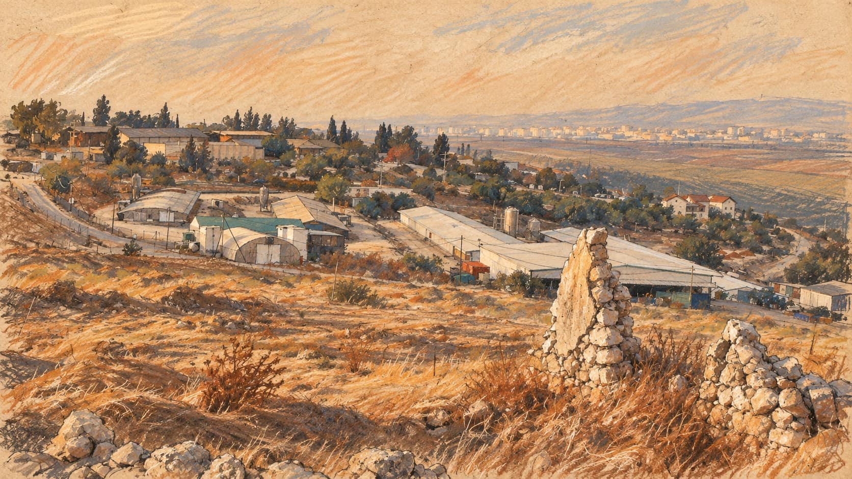 Courtroom-sketch editorial illustration of an archival 2010 view of Kibbutz Yizreel from Tel Yizreel, with agricultural buildings and the valley behind foreground stone ruins; place context for Maytronics, not a depiction of the investment proposal