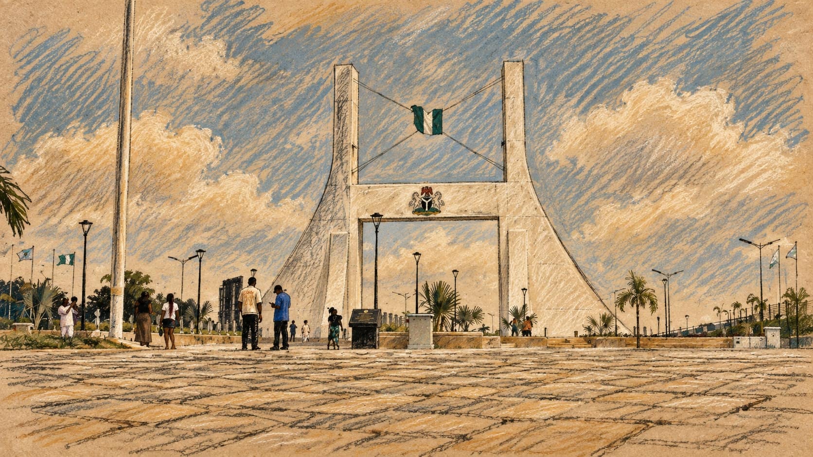 Courtroom-sketch editorial illustration of an archival July 2026 exterior view of Abuja City Gate, with twin white pylons, a suspended Nigerian flag, pedestrians and palms; geographic context, not a depiction of Fagbemi, defendants or the October terrorism trials, rendered in warm ochre and slate-blue pastel strokes.