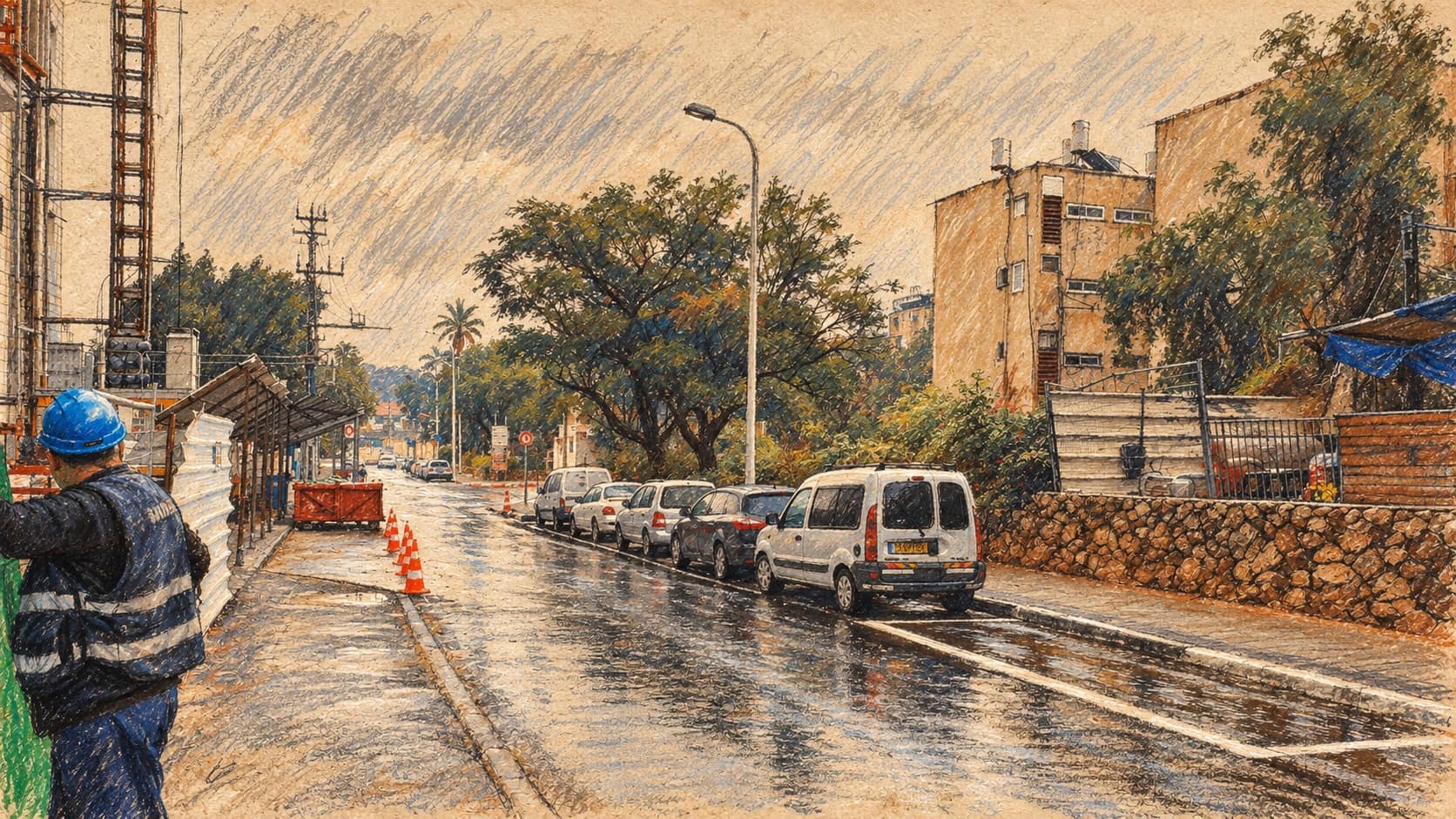 Courtroom-sketch editorial illustration of an archival Petah Tikva residential street with apartment buildings, parked cars and trees; city housing context, not the approved student-housing building.