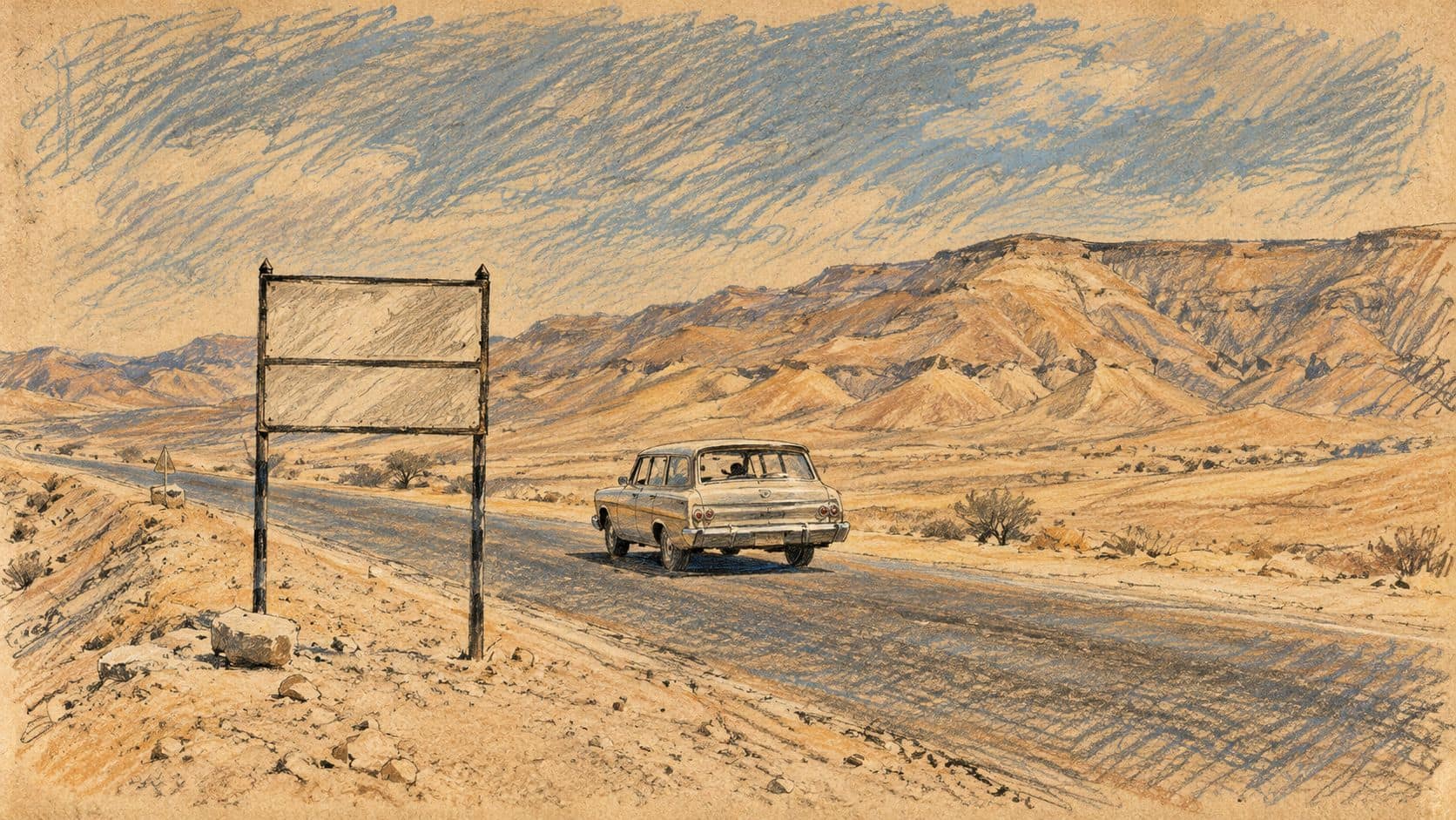 Courtroom-sketch editorial illustration of an archival car and roadside sign on a Judean Desert road near the Dead Sea, used as historical geographic context
