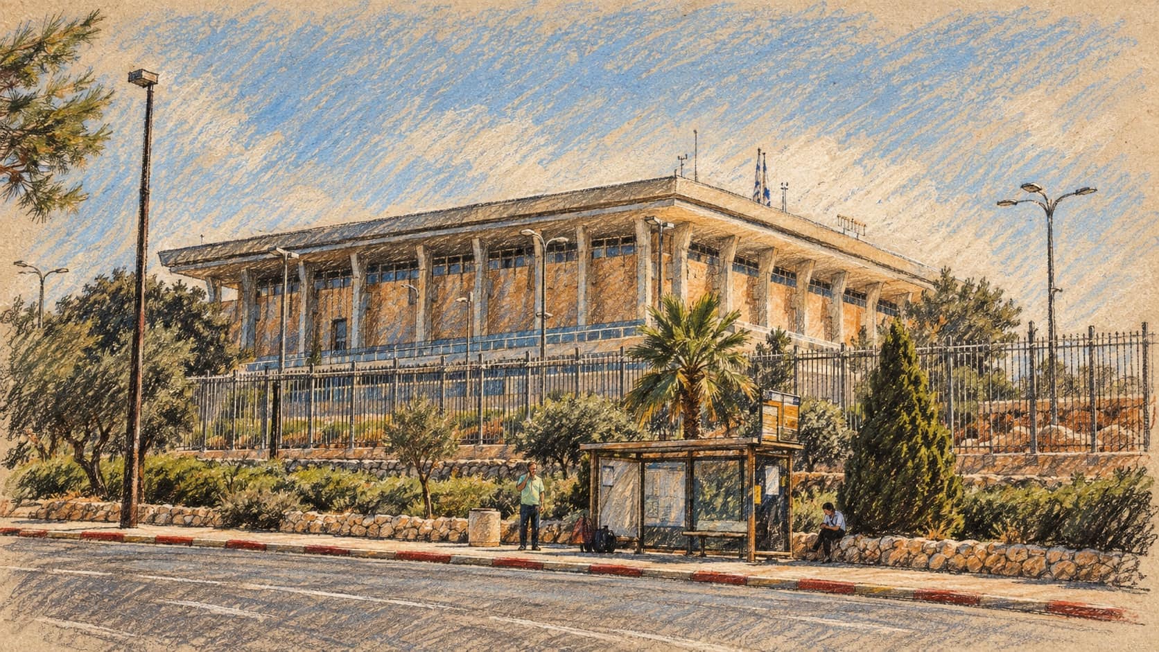 Courtroom-sketch editorial illustration of an archival exterior view of the Knesset parliament building in Jerusalem