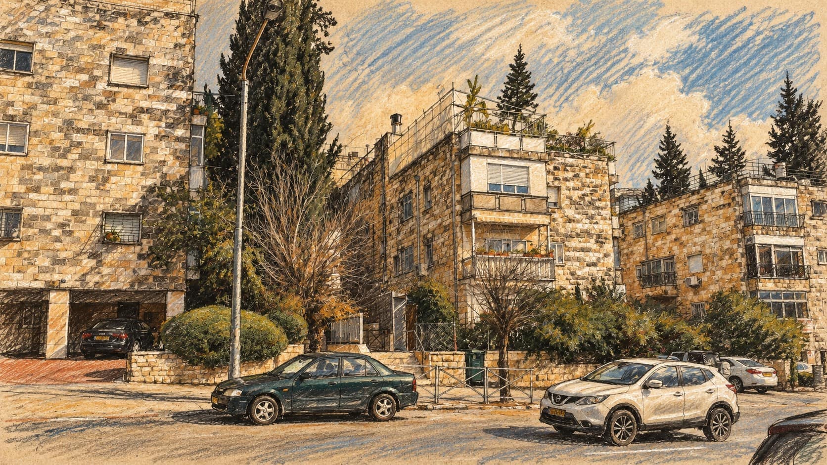 Courtroom-sketch editorial illustration of a Jerusalem residential street, based on an archival Rasko neighborhood view; contextual city architecture rather than the reported meeting location