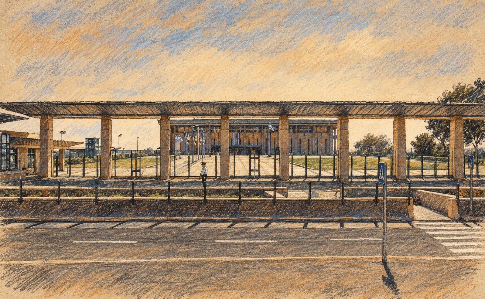 Courtroom-sketch editorial illustration of an archival view of the Knesset building in Jerusalem behind its long entrance canopy and fence, with a roadway and pedestrian crossing in the foreground; institutional context for the election report.
