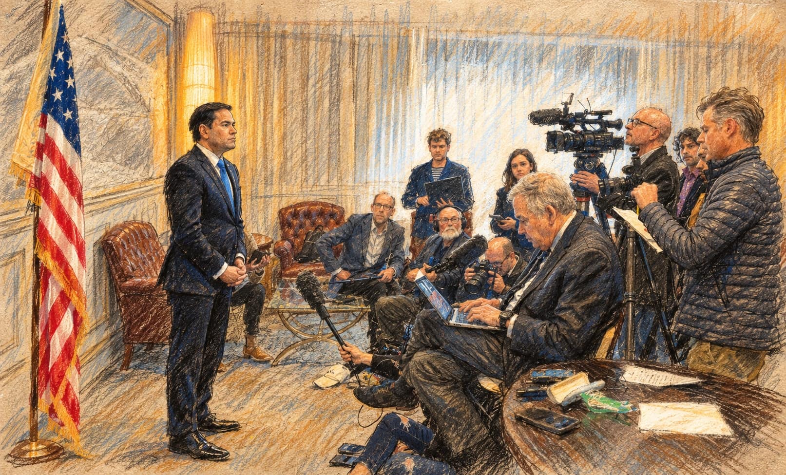 Courtroom-sketch editorial illustration of Marco Rubio standing beside an American flag and addressing seated and standing reporters and camera operators at an archival March 2025 press availability in Shannon, Ireland, rendered in warm ochre and slate-blue pastel strokes; contextual imagery, not a depiction of his October 23 remarks about Cuba.