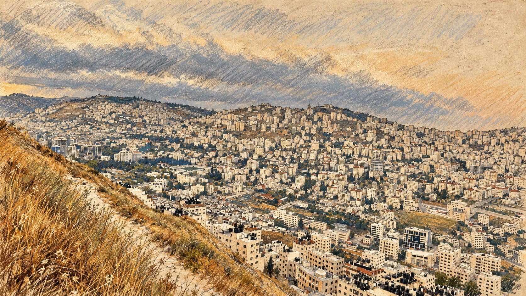 Courtroom-sketch editorial illustration of an archival view of Nablus beneath the hills of Samaria, with a dry grassy slope in the foreground.